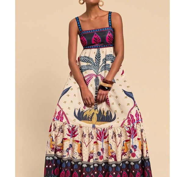 Boho Tropical Animal Print Shirred ruffle Hem Maxi Dress - Picture 2 of 6